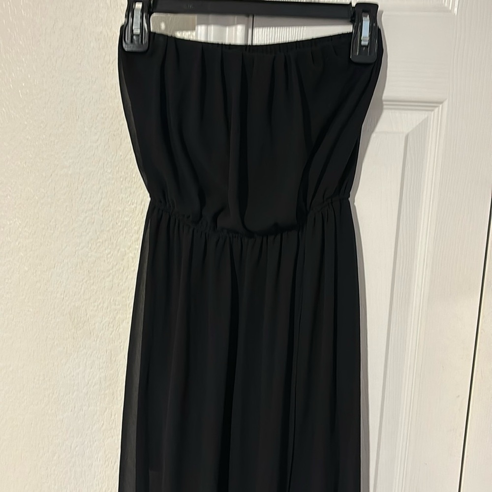 Arden B small strapless black dress with long sheer over skirt